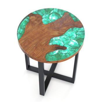 20-inch round end table with epoxy top for indoor and outdoor use