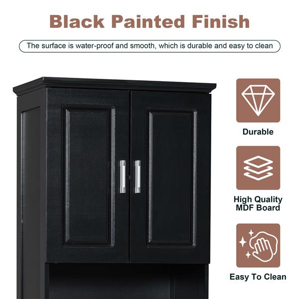 Tall Bathroom Cabinet with Four Doors, Large Storage Space Open Shelve, Upper Storage Cabinet, Black