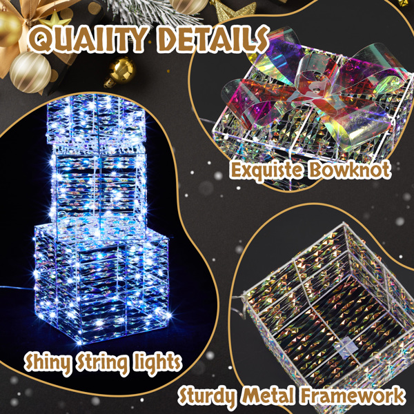 Lighted Iridescent Gift Boxes Set of 3, Pre-lit Nestable Present Boxes Ornament with 140 LED Warm White Lights and Stakes for Christmas Outdoor Indoor Decor Lighted Holiday Displays