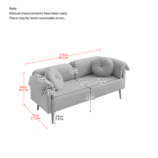 68.5" Modern Lamb Wool Sofa With Decorative Throw Pillows for Small Spaces 