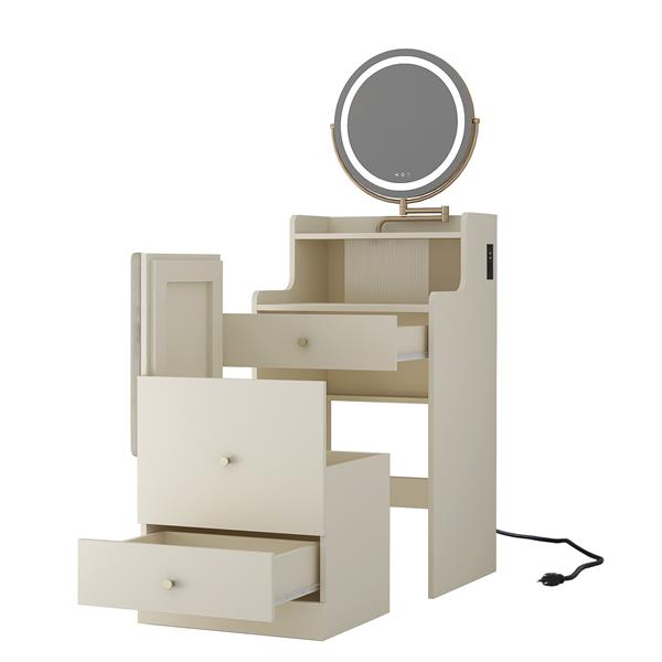 3 in 1 Vanity Desk With mirror and light ,Small makeup vanity set with charging station, With 2 drawers and open storage space, with upholstered stool, Compact Dressing Table Writing Desk for Small Sp