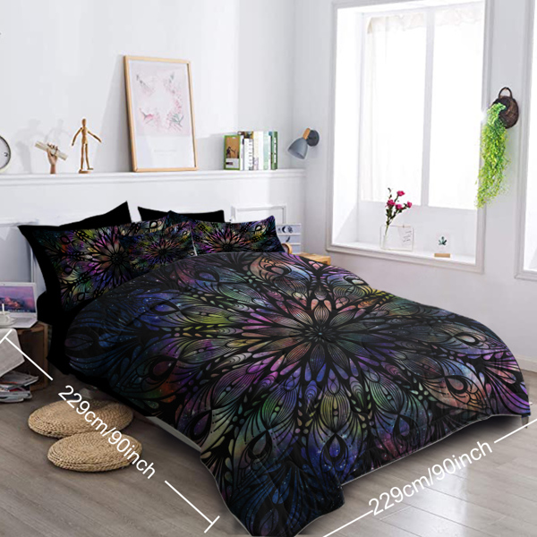 Colored Mandala Flowers Pattern Comforter Set 8PCS King Size Soft Bedding Set - 1 Comforter，1 Pilow Cover，1 Flat Sheet，1 Fitted Sheet，4 Cushion Cover