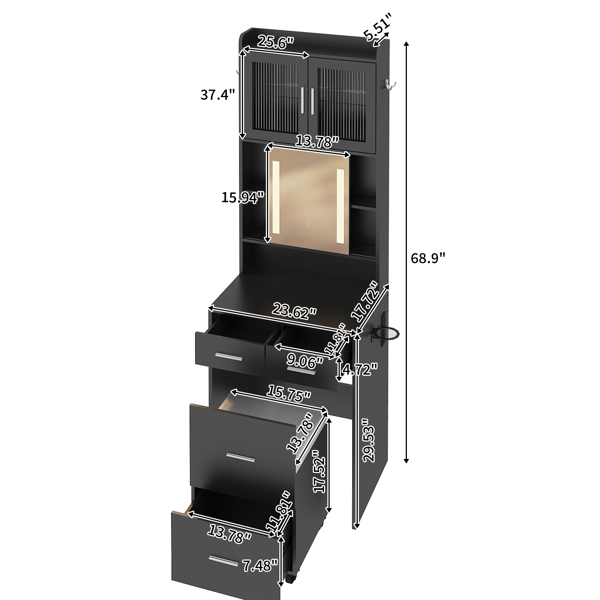 Small Vanity Desk with Sliding Mirror and LED Lights, Makeup Table with Charging Station and Storage Shelves for Small Space, Compact Mini Corner Vanity Set with Hidden Storage Stool for Bedroom