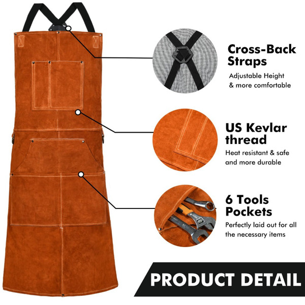 Work area apron with 6 tool bags, heat-resistant and flame-retardant, durable, heavy-duty welding apron, suitable for both men and women, 37.8in * 26in (Brown)