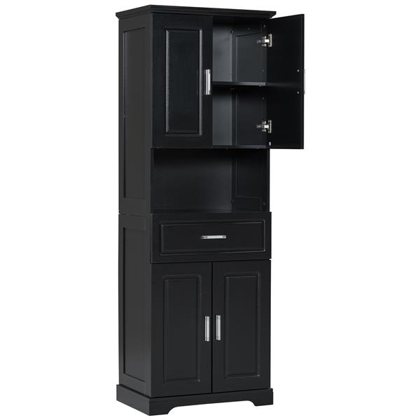 Tall Bathroom Cabinet with Four Doors, Large Storage Space Open Shelve, Upper Storage Cabinet, Black