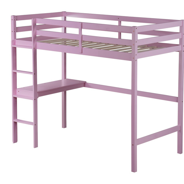 Twin High Loft Bed, Rubber Wood Loft Bed with Safety Guardrail, built-in desk, ladder,Pink 