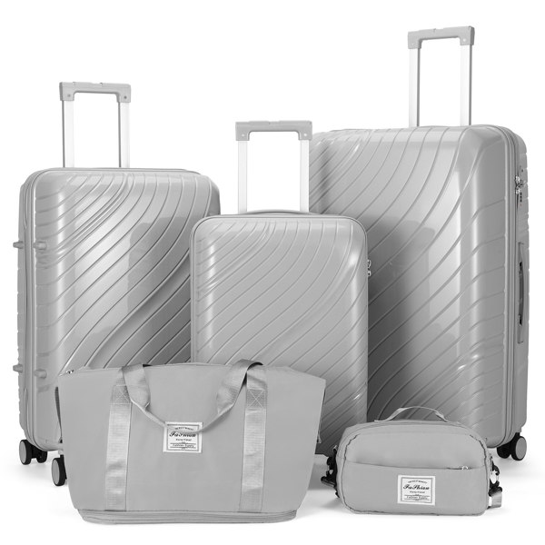 FCH five-piece suitcase 20-24-28 inch trolley case + two-piece handbag suitcase PP trolley case 20in 24in 28in PP material iron trolley full color light gray