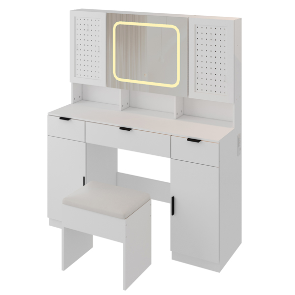 Large Vanity Table Set with LED Lighted Mirror and 2 DIY Pegboards, 5 Hooks, Vanity Desk with Charging Station, Makeup Table with Drawers, Storage Shelves and Cabinets, Cushioned Stool for Bedroom