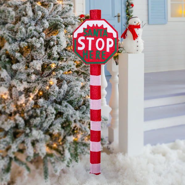 Lighted STOP Sign Christmas Yard Decorations, Pre-lit Road Sign SANTA STOP HERE with 70 LED White Lights and Stakes for Xmas Outdoor Holiday Indoor Decor Lighted Holiday Displays