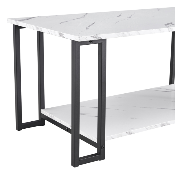 Coffee Table, 2 Layers 1.5cm Thick Marble MDF Rectangle 39.37" L Tabletop Iron Coffee Table , Dining Room, Coffee Shop, Resterant, White Top, Black Leg 