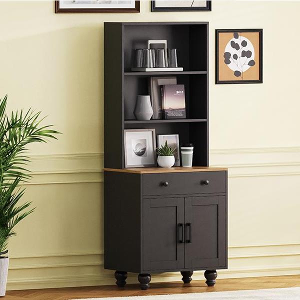 Farmhouse Storage Cabinet with 4 Solid Wood Gourd-Shaped Legs, Modern Kitchen Pantry Cabinet with Adjustable Shelves, 5 Tier Bookshelf with Drawer for Living Room, Black