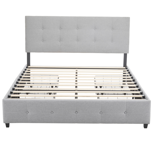 Upholstered Queen Platform Storage Bed Frame with 4 Drawers, Adjustable Headboard with Button Tufted Design, Wooden Slat Support, No Box Spring Needed, Light Grey