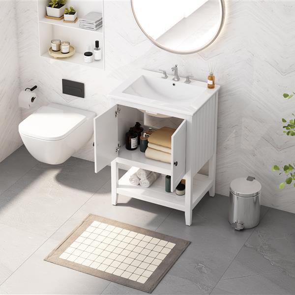 24" White Modern Sleek Bathroom Vanity Elegant Ceramic Sink with Solid Wood Frame Open Style Shelf