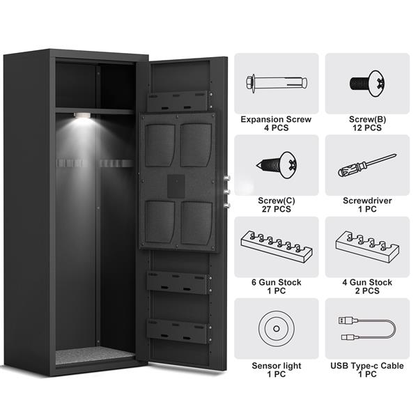 Full steel large capacity detachable firearm safety cabinet, electronic key password lock, with magnetic induction light, dual alarm system, adjustable stock, silent design, storing 5-8 firearms