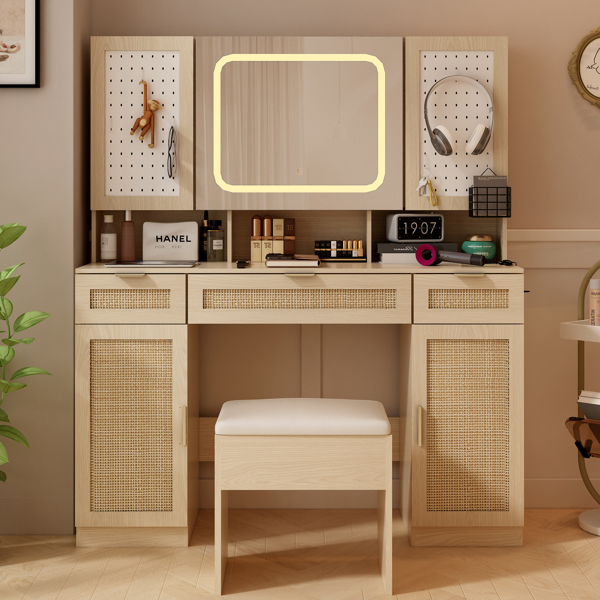 Large Vanity Table Set with LED Lighted Mirror and 2 DIY Pegboards, 5 Hooks, Vanity Desk with Charging Station, Makeup Table with Drawers, Storage Shelves and Cabinets, Cushioned Stool for Bedroom