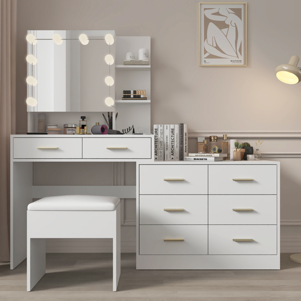 Large Makeup Vanity with Lights, Vanity Table with Charging Station, Vanity Desk with Mirror and 10 LED Light Bulbs, Makeup Table with Drawers and Storage Shelves, White