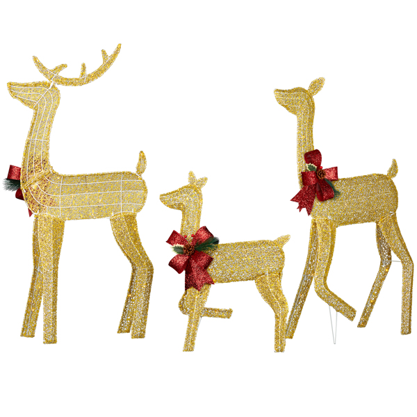 3-Piece Lighted Christmas Reindeer Family Set Outdoor Decorations, Weather Proof 2D Deer Family Set of 3 Christmas Ornament Home Decor Pre-lit 200 LED Warm White Lights with Stakes, Golden