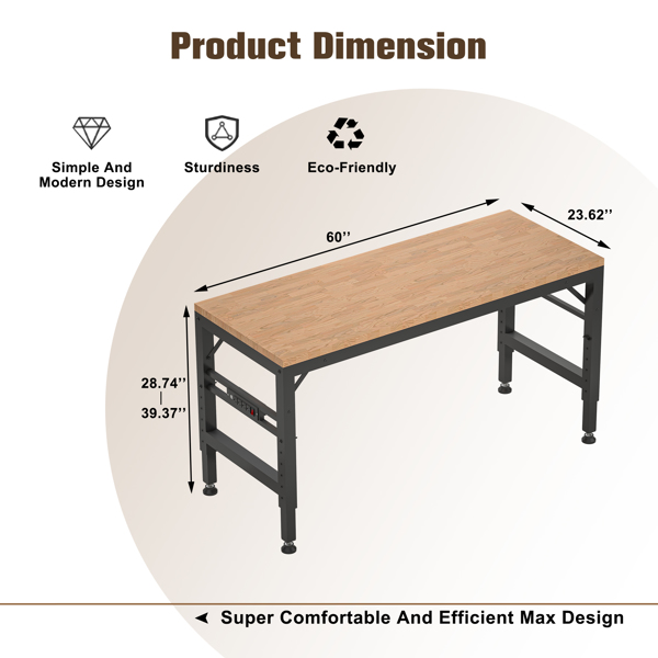 60" Adjustable Height Workbench,  Rubber Wood Top Heavy duty Workstation with Power Outlets, over 2000 Lbs Capacity Hardwood Worktable for Workshop, Garage, Office, Home