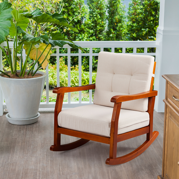 Outdoor Wood Rocking Chair with Detachable Washable Cushions, Patio Rocker with Inclined Backrest, Solid Fir Wood Rocker for Patio Porch Backyard Balcony Poolside, Teak