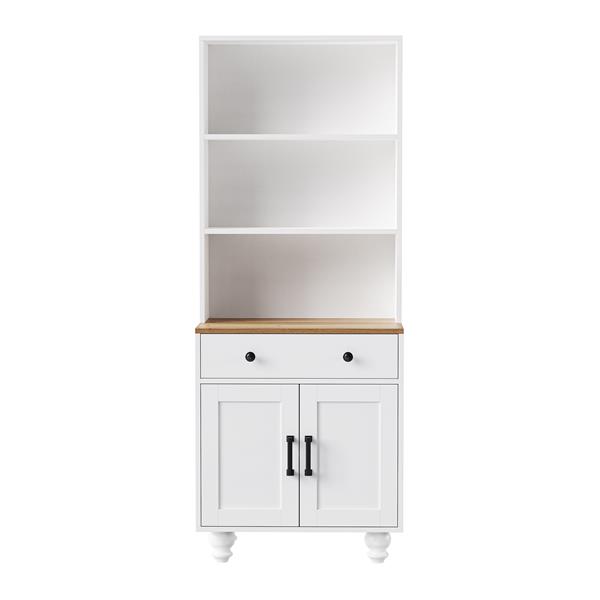 Farmhouse Storage Cabinet with 4 Solid Wood Gourd-Shaped Legs, Modern Kitchen Pantry Cabinet with Adjustable Shelves, 5 Tier Bookshelf with Drawer for Living Room, White