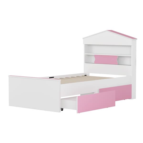 Twin Size House-Shaped Wooden Bed with Storage Shelf on the Headboard, Built-in Two Storage Drawers, Pink