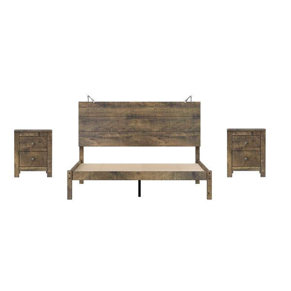 3-Pieces Bedroom Sets, Queen Size Farmhouse Platform Bed with Two Bedside Lights, 2-Drawer Nightstand, Antique Walnut