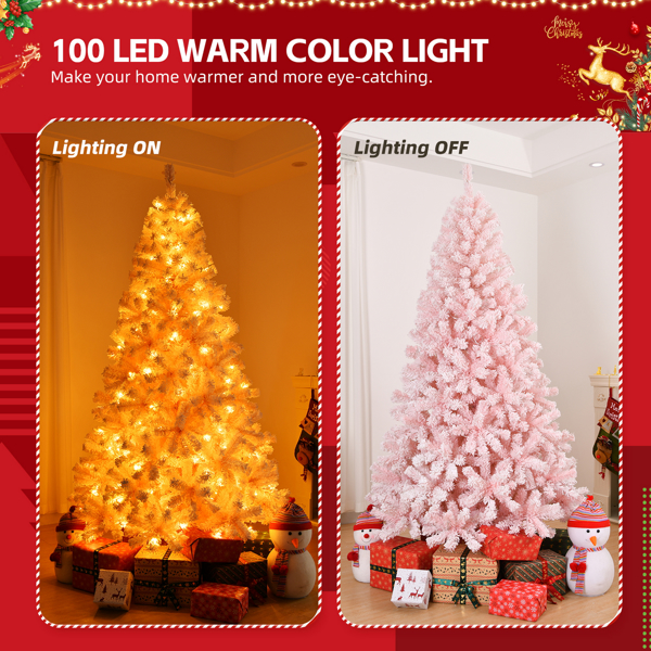 6 FT Artificial Christmas Tree with DIY 100 Warm Lights Battery Operated, 750 Branch Tips and Sturdy Metal Stand, Pink