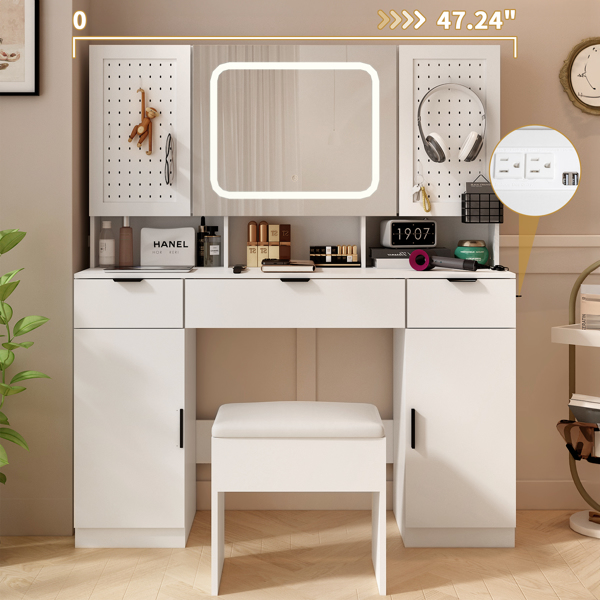 Large Vanity Table Set with LED Lighted Mirror and 2 DIY Pegboards, 5 Hooks, Vanity Desk with Charging Station, Makeup Table with Drawers, Storage Shelves and Cabinets, Cushioned Stool for Bedroom