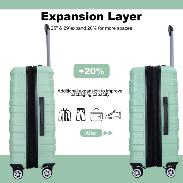 3 Piece Luggage Sets PC Lightweight & Durable Expandable Suitcase with Two Hooks, Double Spinner Wheels, TSA Lock, (21/25/29) Light Green