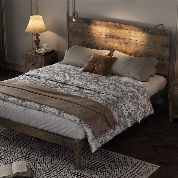 3-Pieces Bedroom Sets, Queen Size Farmhouse Platform Bed with Two Bedside Lights, 2-Drawer Nightstand, Antique Walnut