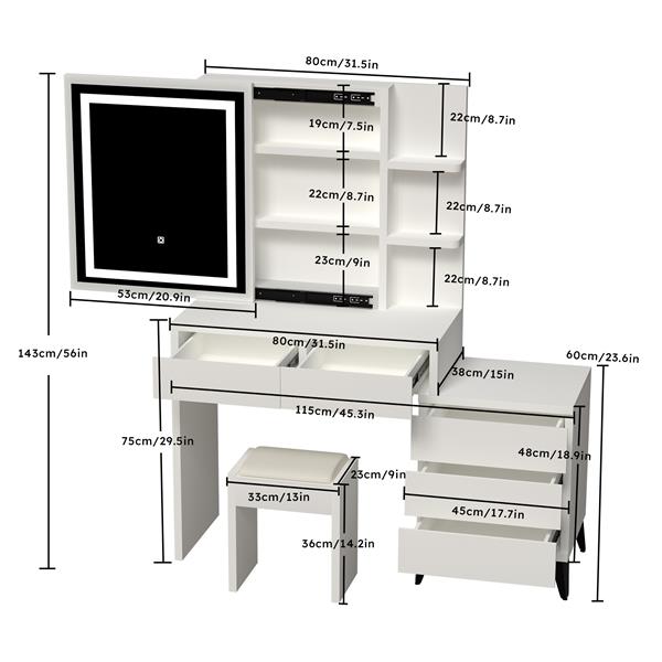 45.3" Long Large Vanity Desk with Mirror and Lights for Makeup and Chair, Vanity Mirror with Lights and Table Set with 3 Color Lighting Brightness Adjustable, 5 Drawers, White Color