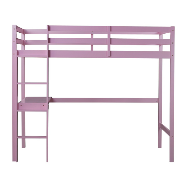 Twin High Loft Bed, Rubber Wood Loft Bed with Safety Guardrail, built-in desk, ladder,Pink 