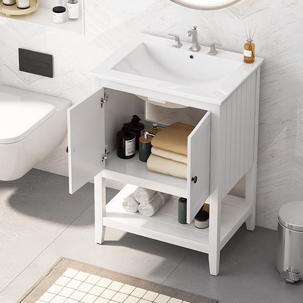 24" White Modern Sleek Bathroom Vanity Elegant Ceramic Sink with Solid Wood Frame Open Style Shelf