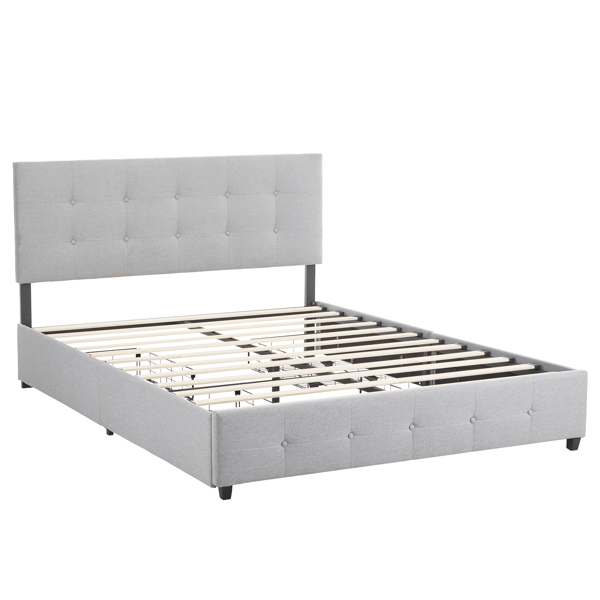 Upholstered Queen Platform Storage Bed Frame with 4 Drawers, Adjustable Headboard with Button Tufted Design, Wooden Slat Support, No Box Spring Needed, Light Grey