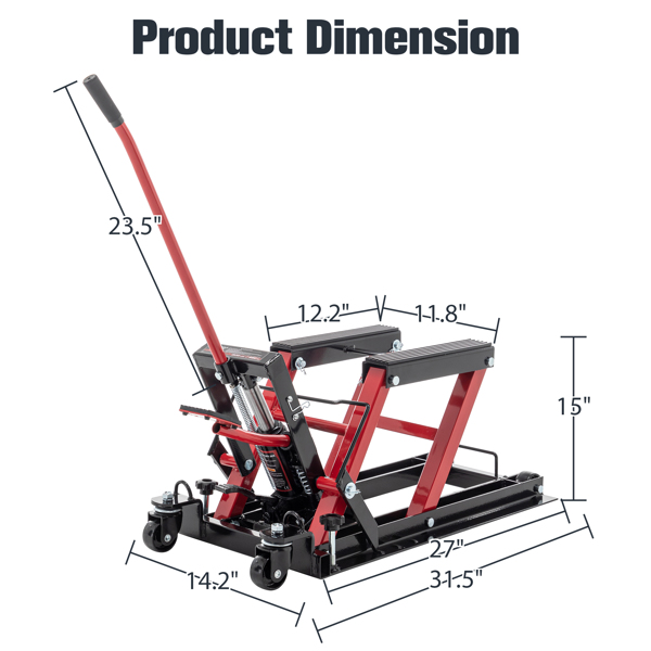 Hydraulic Motorcycle Lift Jack, 1500 LBS Capacity Foot-Operated Motorcycle Lift Table, ATV Scissor Lift Jack with 4.5" - 15" Lifting Range, Portable Motorcycle Lift Table with 4 Wheels.