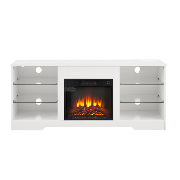 TV Stand Electric Fireplace Glass Shelves, 3D Fireplace TV Stand with LED Lights Wood with USB Charging Outlet Modern Television Table Center for TV up to 62" White, 58''W*15.5''D*24.4 