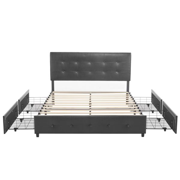 Upholstered Queen Platform Storage Bed Frame with 4 Drawers, Adjustable Headboard with Faux Leather Button Tufted Design, Wooden Slat Support, No Box Spring Needed, Black