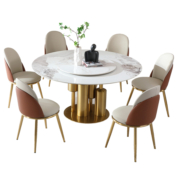 Modern Marble Dining Table with Removable Turntable, 59" Round Sintered Stone Table with Stainless Steel Base, 7-Piece Dining Table Set for Dining Room, Kitchen, Dinette, Compact Space (LTL item)