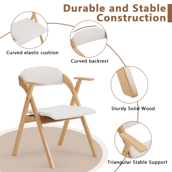 Set of 2 Wooden Folding Chairs with Padded Seats and Armrests, Portable Simple Folding Chairs with Cushion for Guests Kitchen Office Wedding Party Picnic, Natural Frame with Beige Cushion