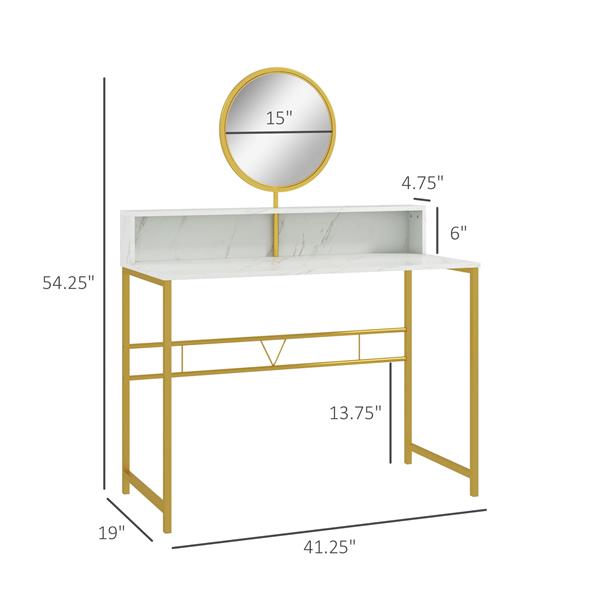 Modern Vanity Makeup Desk with Mirror, Dressing Table with Open Storage, Faux Marble Finish and Steel Frame for Bedroom, White and Gold