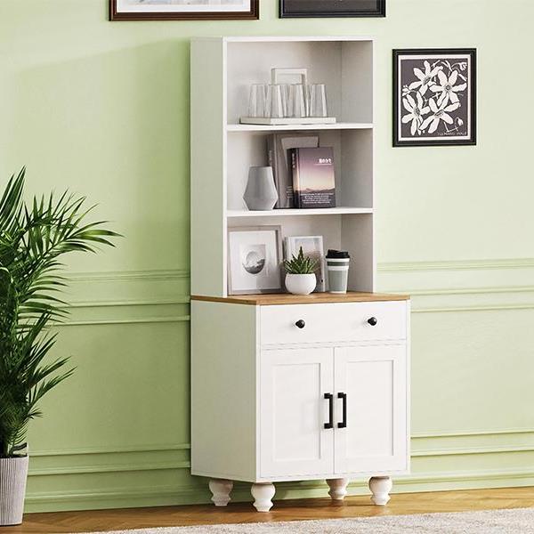 Farmhouse Storage Cabinet with 4 Solid Wood Gourd-Shaped Legs, Modern Kitchen Pantry Cabinet with Adjustable Shelves, 5 Tier Bookshelf with Drawer for Living Room, White