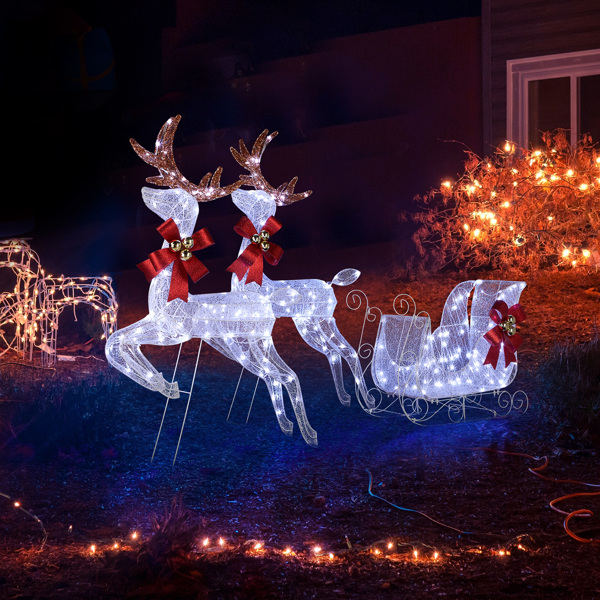 3-Piece Lighted Set of 2 Reindeer & Sleigh, Weather Proof Christmas Outdoor Decorations with Pre-lit 270 LED White Lights and Stakes for Xmas Outdoor Holiday Indoor Decor Lighted Holiday Displays