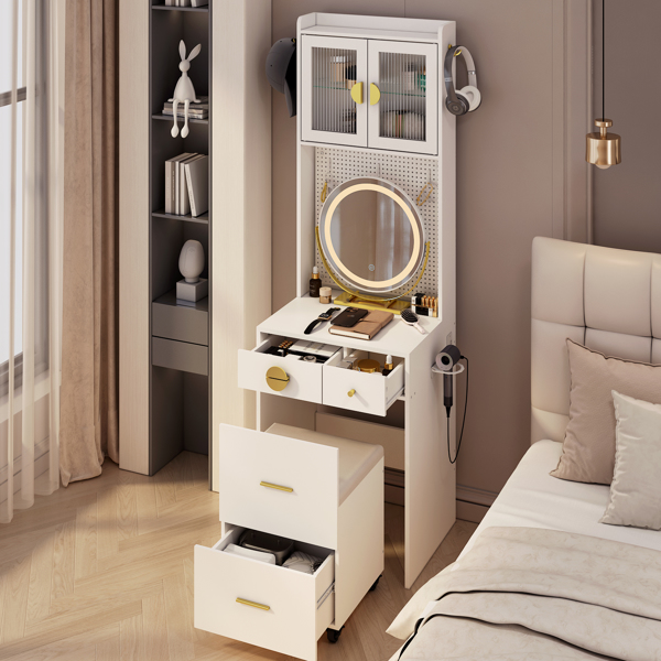 Small Vanity Desk with Mirror and LED Lights, Makeup Table with Charging Station and drawers and Storage Shelves for Small Space, Compact Mini Corner Vanity Set with Hidden Storage Stool for Bedroom