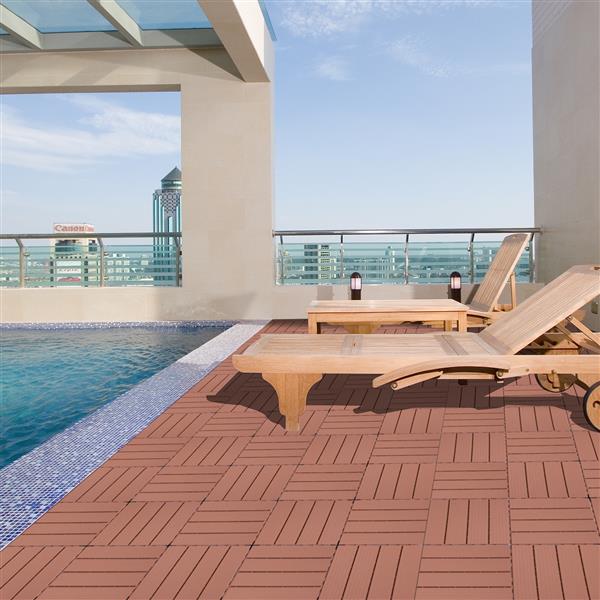 Plastic Interlocking Deck Tiles, 11.8"x11.8"(Pack of 44 ), Patio Flooring Outdoor Waterproof All Weather Use for Garden Poolside Front/Back Yard, Mahogany Colour