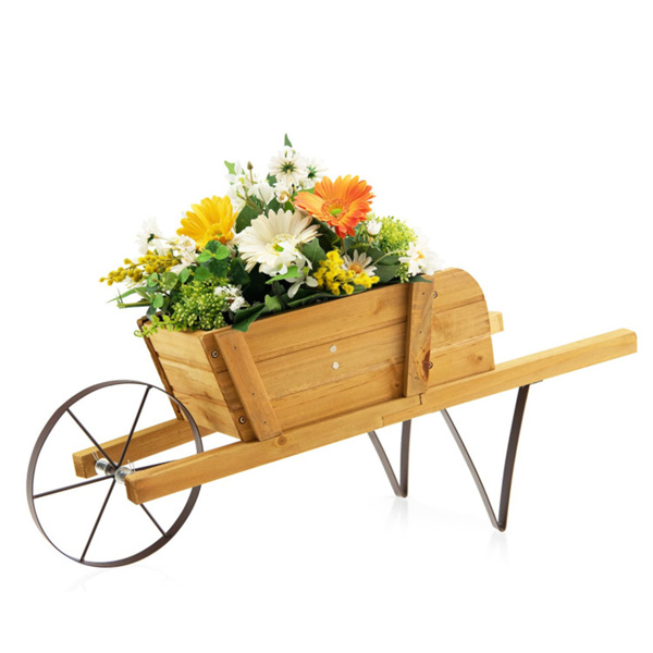 2 In 1 Wheelbarrow Planter，Wooden Wagon Planter with 9 Magnetic Accessories for Garden Yard