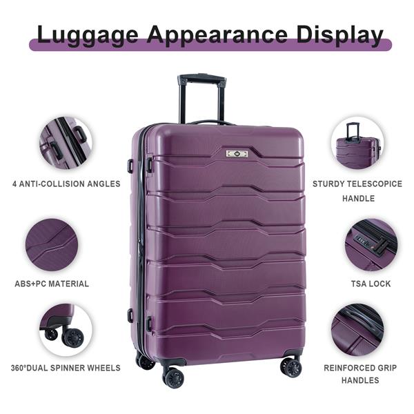 Luggage Sets ABS+PC Hardshell 3pcs Clearance Luggage Hardside Lightweight Durable Suitcase sets Spinner Wheels Suitcase with TSA Lock (20/24/28),Purple