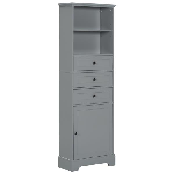 Gray Tall Storage Cabinet with 3 Drawers and Adjustable Shelves for Bathroom, Study, Office and Interior, MDF Board with Painted Finish