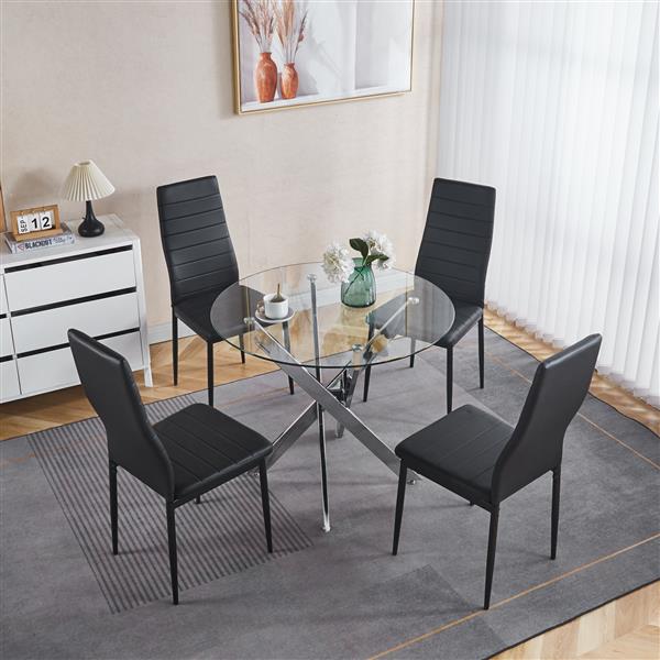 Dining Table with cross metal leg and tempered glass,Modern Space Saving Kitchen Table for Living Room,chrome legs