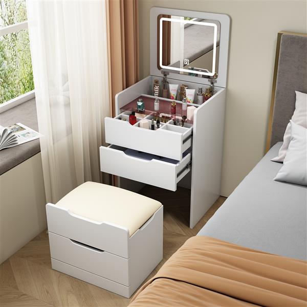 (48CM) 3 in 1 Vanity Desk with Plip Top Mirror,Small Make Up Vanity Set with Visible Glass Desktop,Compact Makeup Vanity with 3 Drawers,Cushioned Tool,Dressing Table for Bedroom