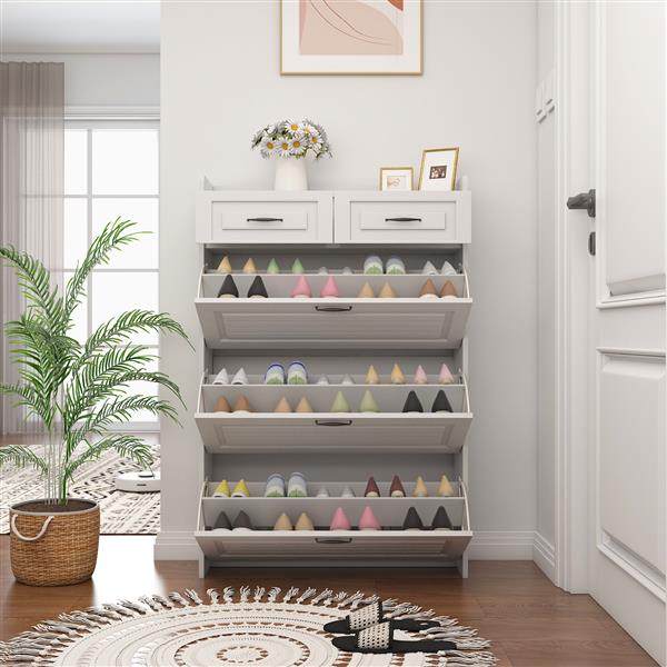 1250 White color shoe cabinet  with 3 doors 2 drawers,PVC door with shape ,large space for storage